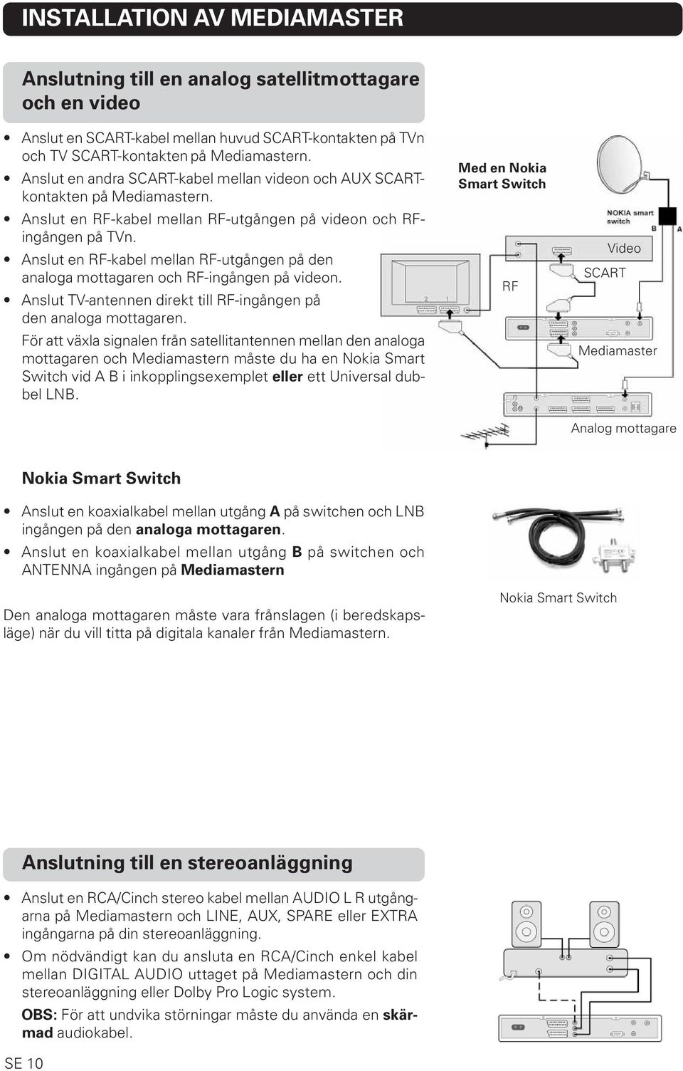 Anslut en RF-kabel mellan RF-utgången på den analoga mottagaren och RF-ingången på videon. Anslut TV-antennen direkt till RF-ingången på den analoga mottagaren.