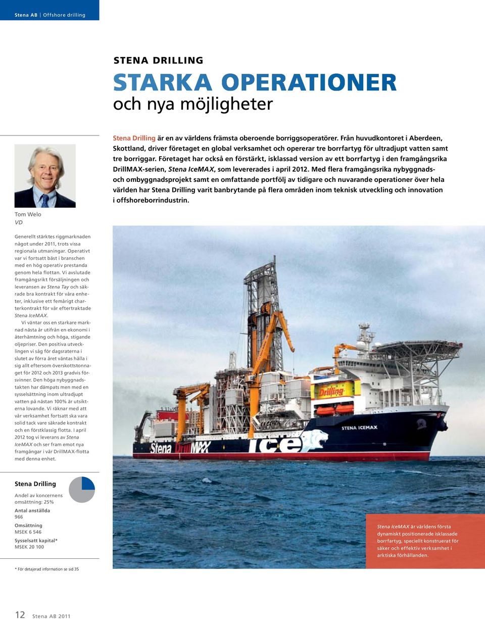 Företaget har också en förstärkt, isklassad version av ett borrfartyg i den framgångsrika DrillMAX-serien, Stena IceMAX, som levererades i april 2012.
