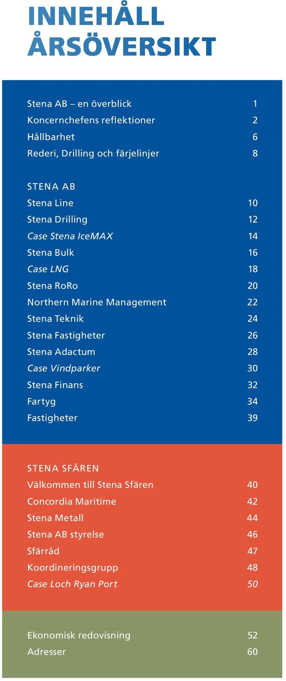 Fastigheter 26 Stena Adactum 28 Case Vindparker 30 Stena Finans 32 Fartyg 34 Fastigheter 39 Stena Sfären Välkommen till Stena Sfären 40