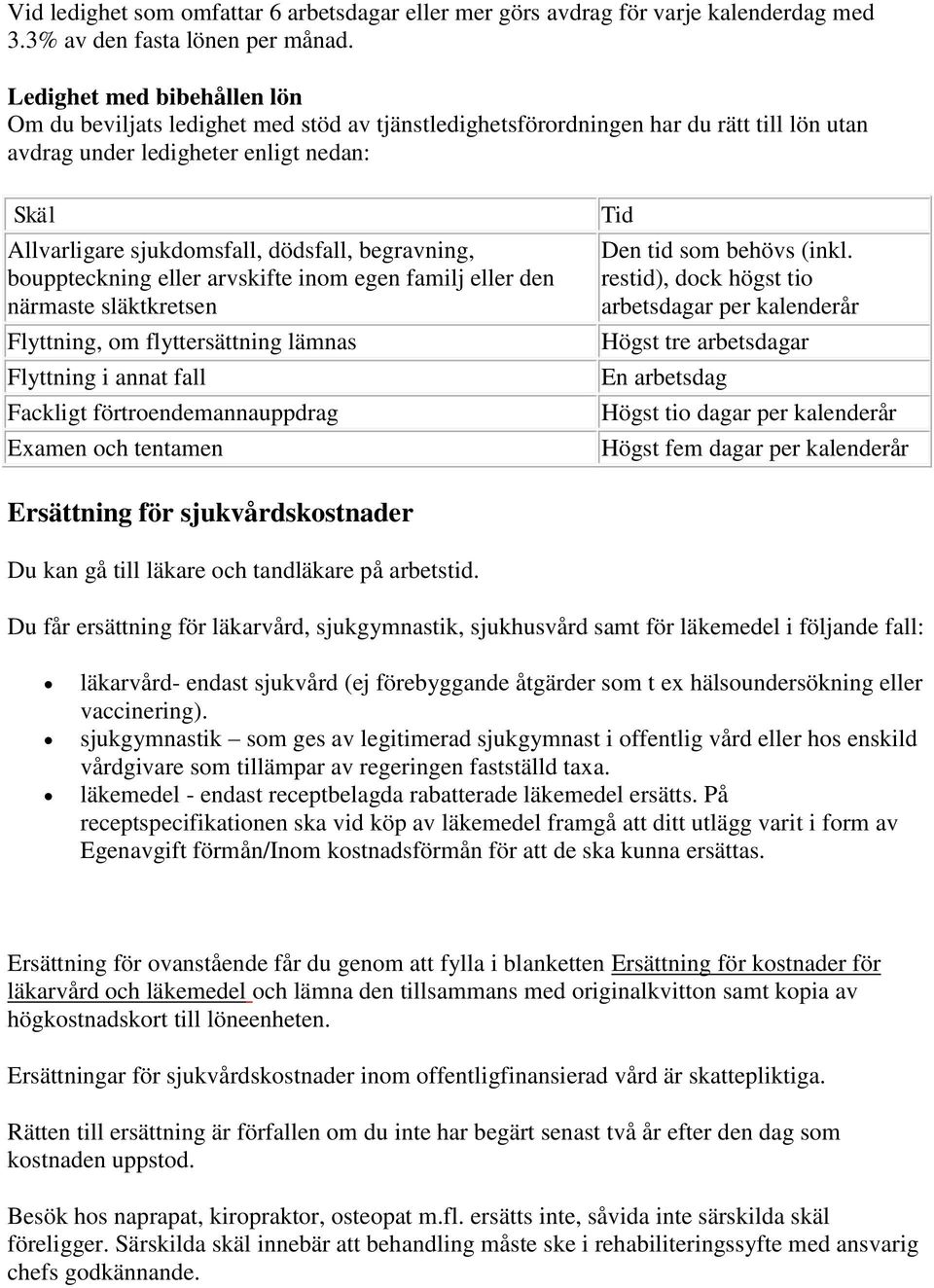 begravning, bouppteckning eller arvskifte inom egen familj eller den närmaste släktkretsen Flyttning, om flyttersättning lämnas Flyttning i annat fall Fackligt förtroendemannauppdrag Examen och