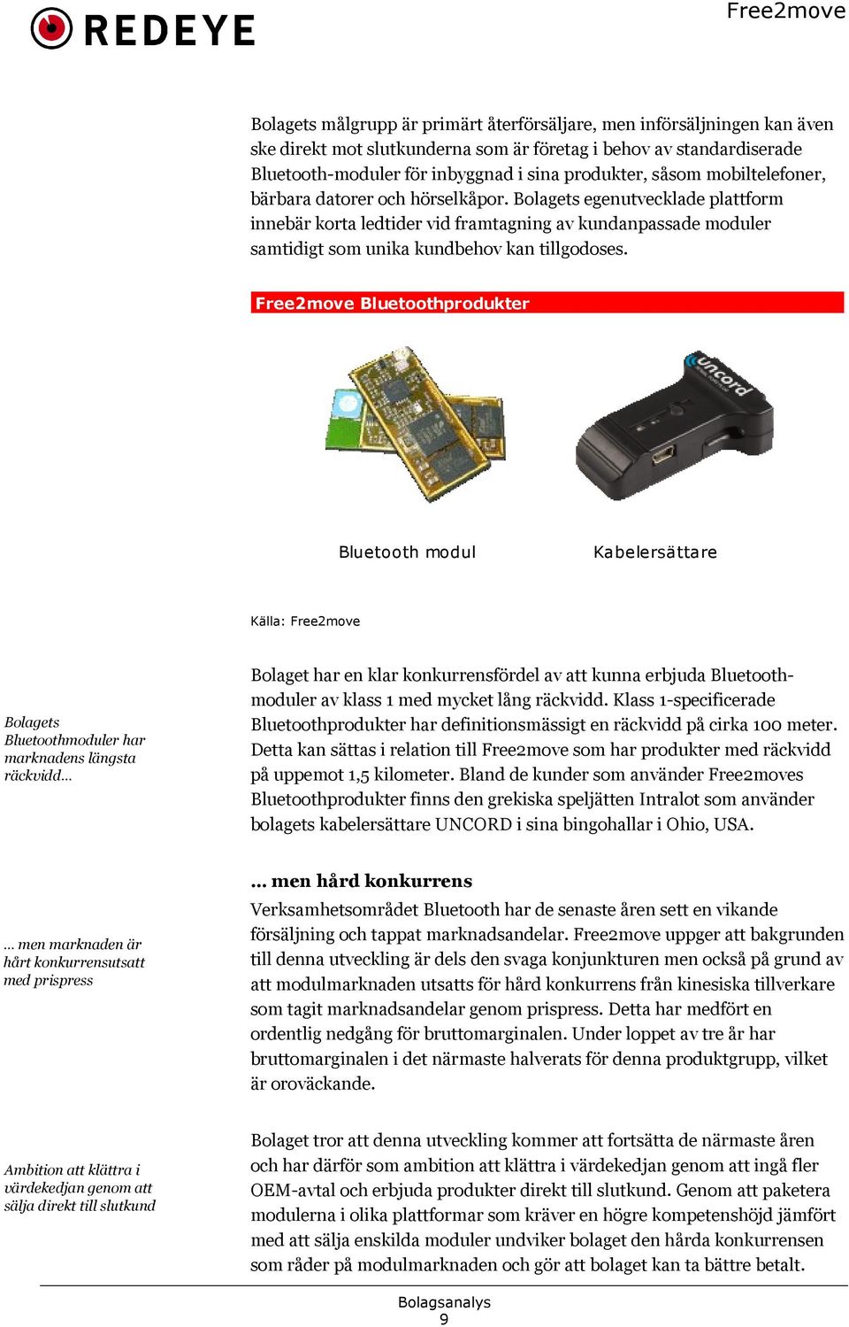 Free2move Bluetoothprodukter Bluetooth modul Kabelersättare Källa: Free2move Bolagets Bluetoothmoduler har marknadens längsta räckvidd Bolaget har en klar konkurrensfördel av att kunna erbjuda