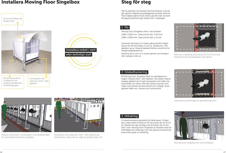Yta Moving Floor Singelbox finns i två storlekar; 1400 x 1100 mm, Total yta för kalv: 1,54 kvm 1200 x 1000 mm, Total yta för kalv: 1,2 kvm Installera enkelt i nytt eller befintligt stall Generellt