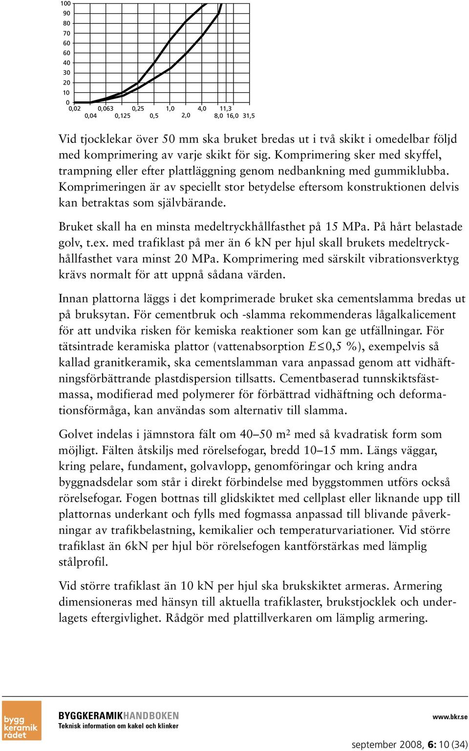 Komprimeringen är av speciellt stor betydelse eftersom konstruktionen delvis kan betraktas som självbärande. Bruket skall ha en minsta medeltryckhållfasthet på 15 MPa. På hårt belastade golv, t.ex.