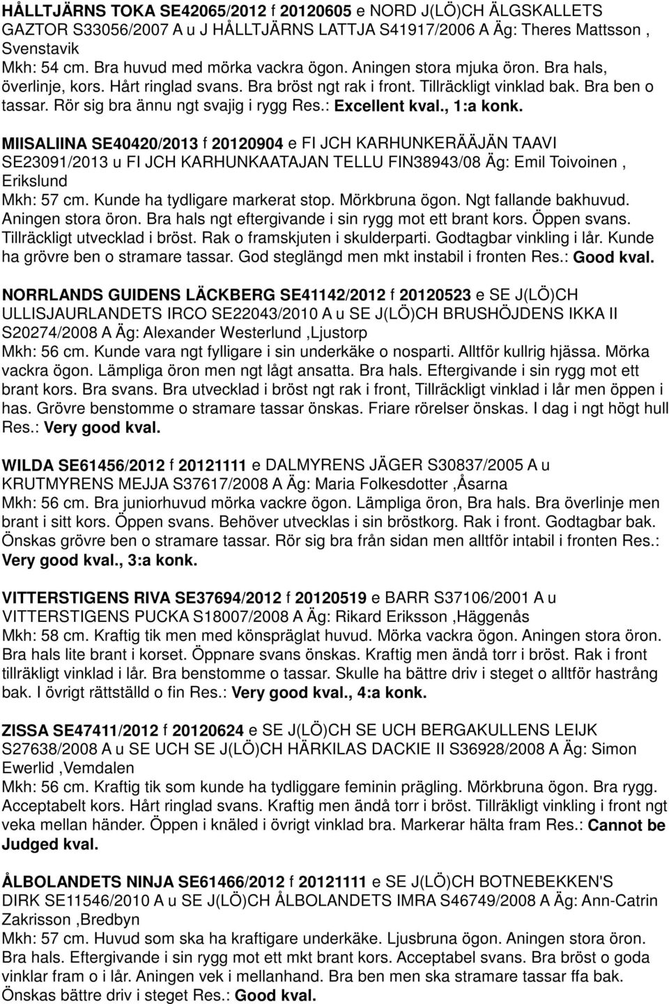 , 1:a konk. MIISALIINA SE40420/2013 f 20120904 e FI JCH KARHUNKERÄÄJÄN TAAVI SE23091/2013 u FI JCH KARHUNKAATAJAN TELLU FIN38943/08 Äg: Emil Toivoinen, Erikslund Mkh: 57 cm.