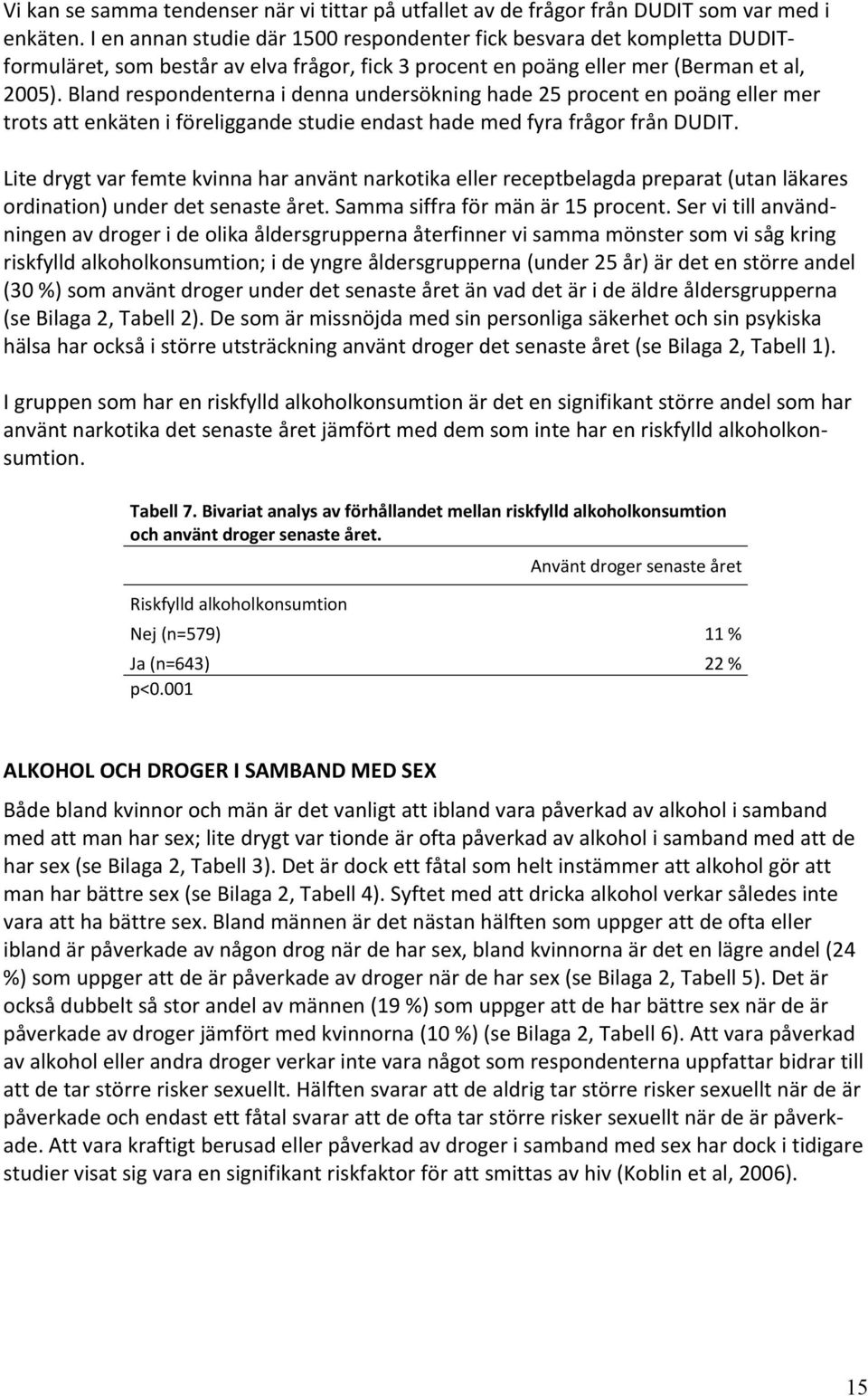 Bland respondenterna i denna undersökning hade 25 procent en poäng eller mer trots att enkäten i föreliggande studie endast hade med fyra frågor från DUDIT.