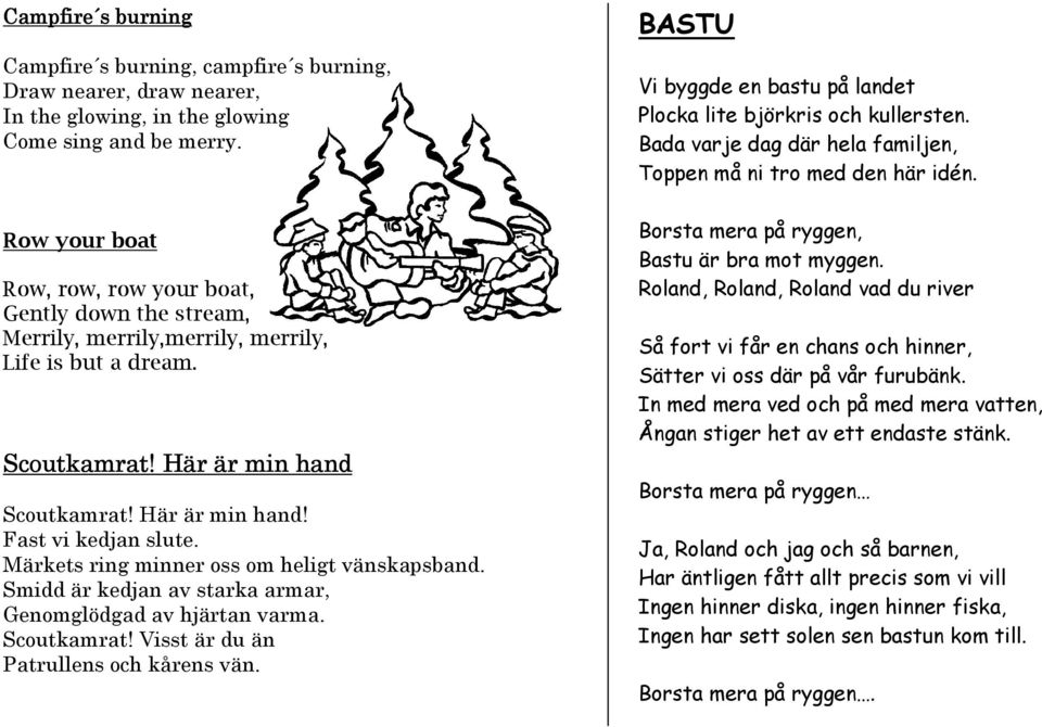 Märkets ring minner oss om heligt vänskapsband. Smidd är kedjan av starka armar, Genomglödgad av hjärtan varma. Scoutkamrat! Visst är du än Patrullens och kårens vän.