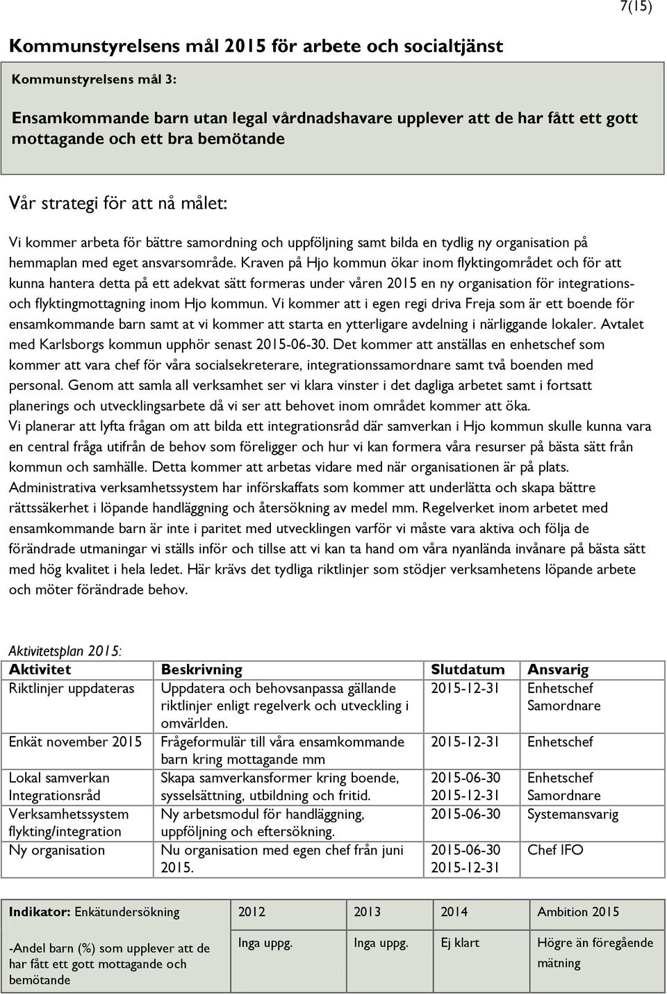 Kraven på Hjo kommun ökar inom flyktingområdet och för att kunna hantera detta på ett adekvat sätt formeras under våren 2015 en ny organisation för integrationsoch flyktingmottagning inom Hjo kommun.