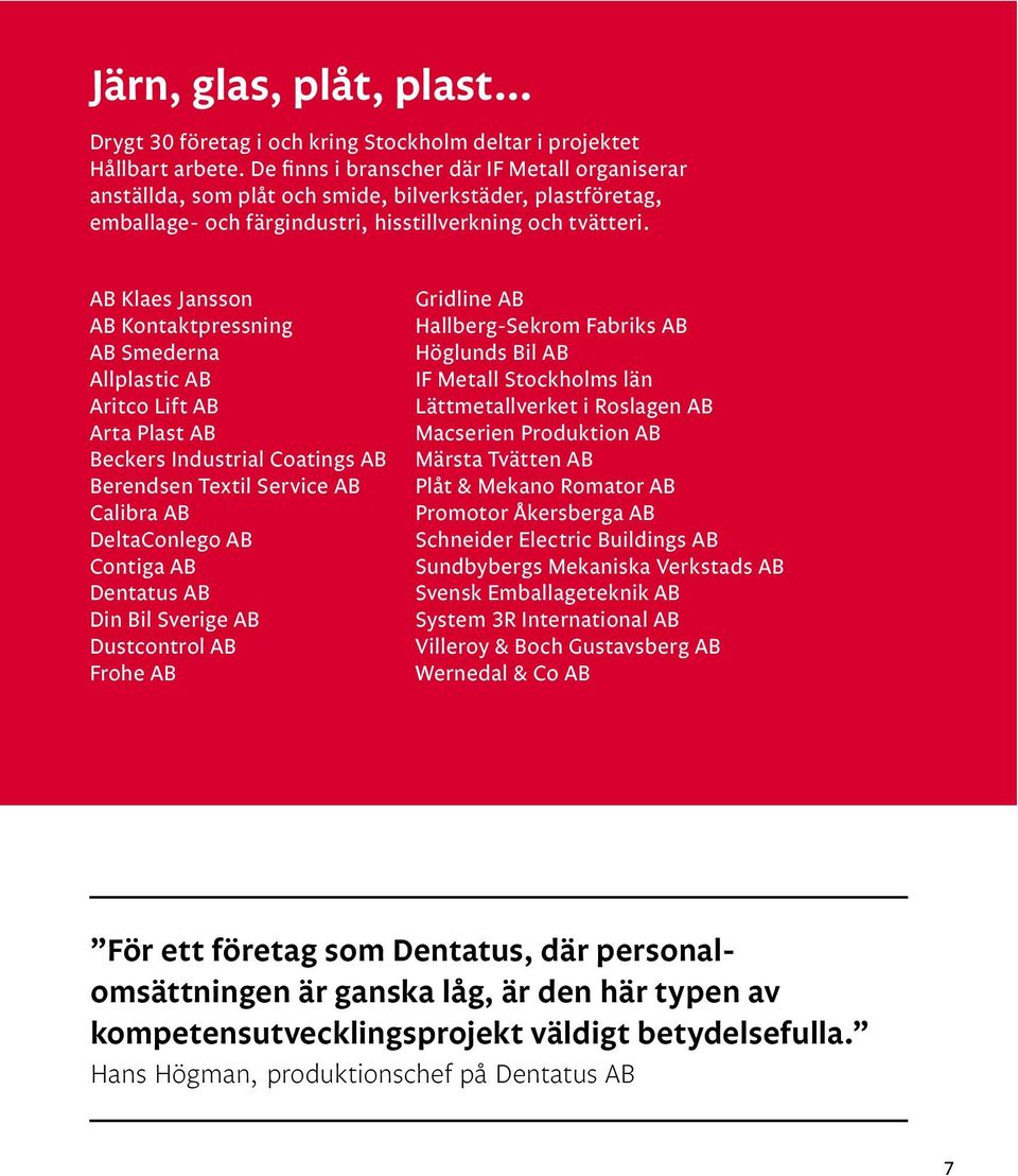 AB Klaes Jansson AB Kontaktpressning AB Smederna Allplastic AB Aritco Lift AB Arta Plast AB Beckers Industrial Coatings AB Berendsen Textil Service AB Calibra AB DeltaConlego AB Contiga AB Dentatus