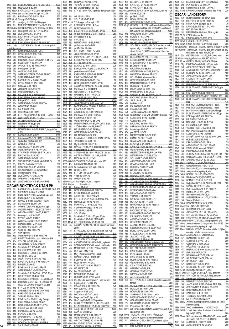 fläck 150 1486 35e GBG BIKUPESTPL, 14-1-82, PRS 200 1487 35e LIDKÖPING 26-7-81, PRS 100 1488 35e,v7 SALA 27-5-81, PRAKT,VAR 80 400 1489 35f MÖLLTORP 15-3-81, PR 200 1490 35f,v7 ESKILSTUNA 29-3-81, PR