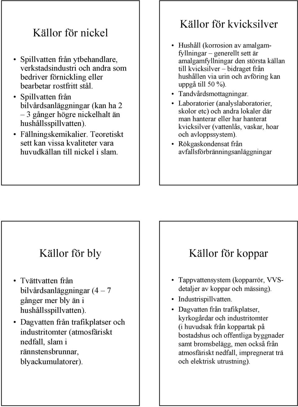 Källor för kvicksilver Hushåll (korrosion av amalgamfyllningar generellt sett är amalgamfyllningar den största källan till kvicksilver bidraget från hushållen via urin och avföring kan uppgå till 50