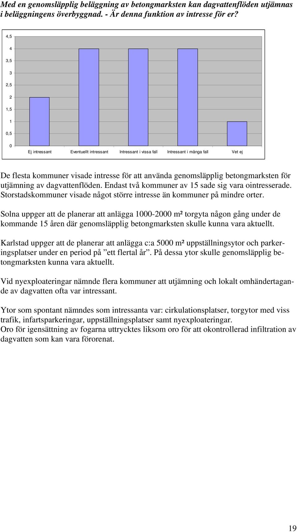 betongmarksten för utjämning av dagvattenflöden. Endast två kommuner av 15 sade sig vara ointresserade. Storstadskommuner visade något större intresse än kommuner på mindre orter.