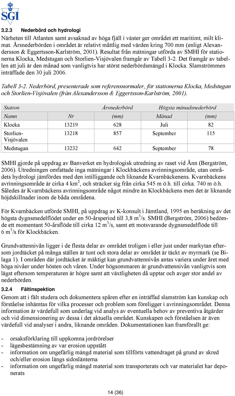 Resultat från mätningar utförda av SMHI för stationerna Klocka, Medstugan och Storlien-Visjövalen framgår av Tabell 3-2.