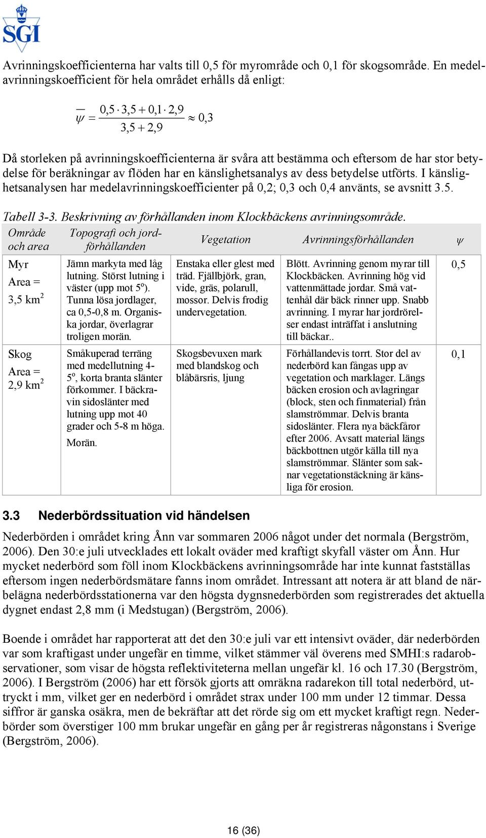 betydelse för beräkningar av flöden har en känslighetsanalys av dess betydelse utförts. I känslighetsanalysen har medelavrinningskoefficienter på 0,2; 0,3 och 0,4 använts, se avsnitt 3.5. Tabell 3-3.