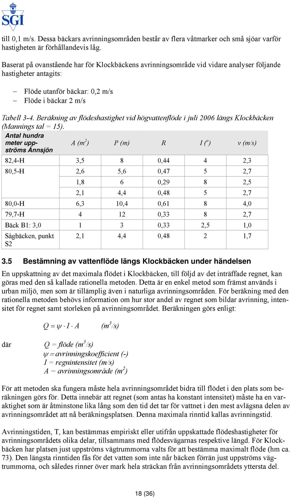 Beräkning av flödeshastighet vid högvattenflöde i juli 2006 längs Klockbäcken (Mannings tal = 15).