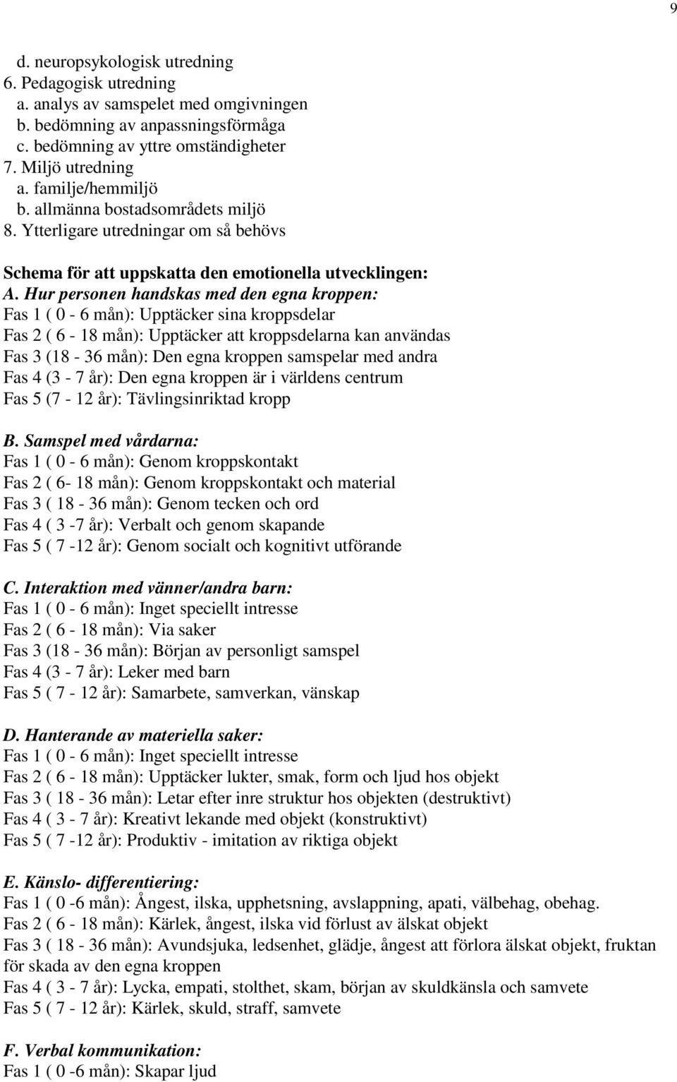 Hur personen handskas med den egna kroppen: Fas 1 ( 0-6 mån): Upptäcker sina kroppsdelar Fas 2 ( 6-18 mån): Upptäcker att kroppsdelarna kan användas Fas 3 (18-36 mån): Den egna kroppen samspelar med