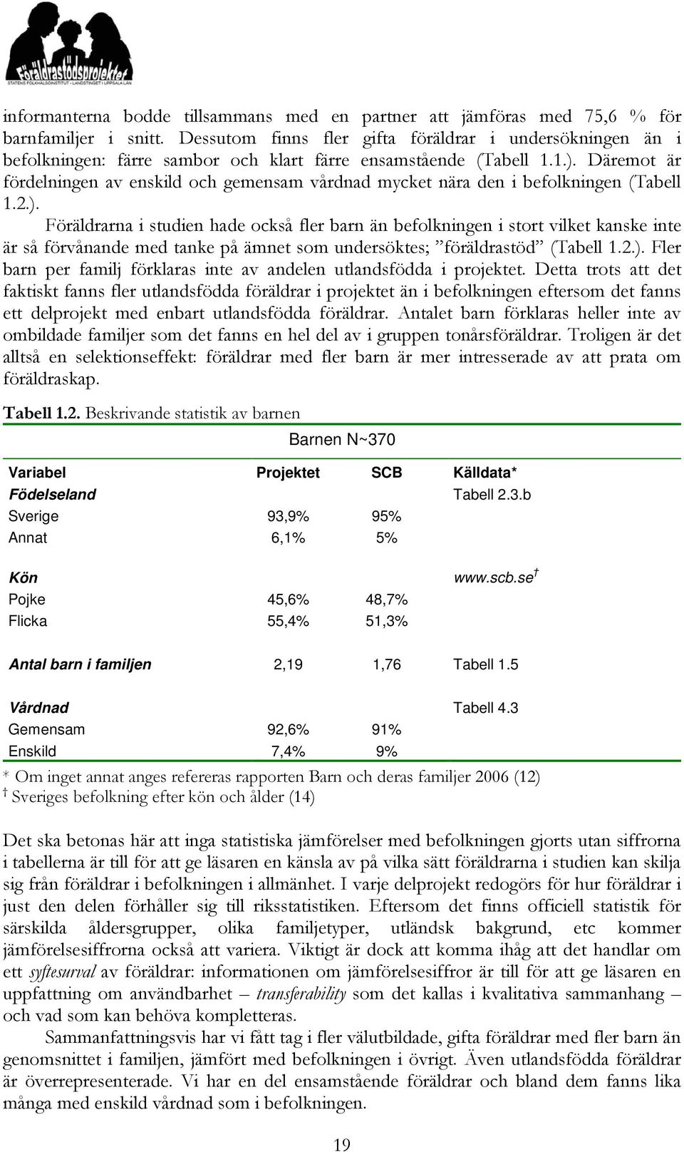 Däremot är fördelningen av enskild och gemensam vårdnad mycket nära den i befolkningen (Tabell 1.2.).