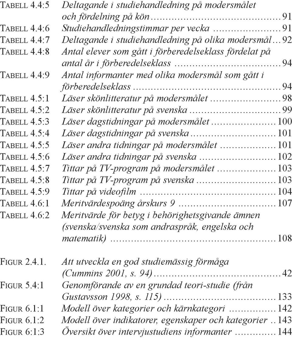 5:1 Läser skönlitteratur på modersmålet...98 TABELL 4.5:2 Läser skönlitteratur på svenska...99 TABELL 4.5:3 Läser dagstidningar på modersmålet...100 TABELL 4.5:4 Läser dagstidningar på svenska.