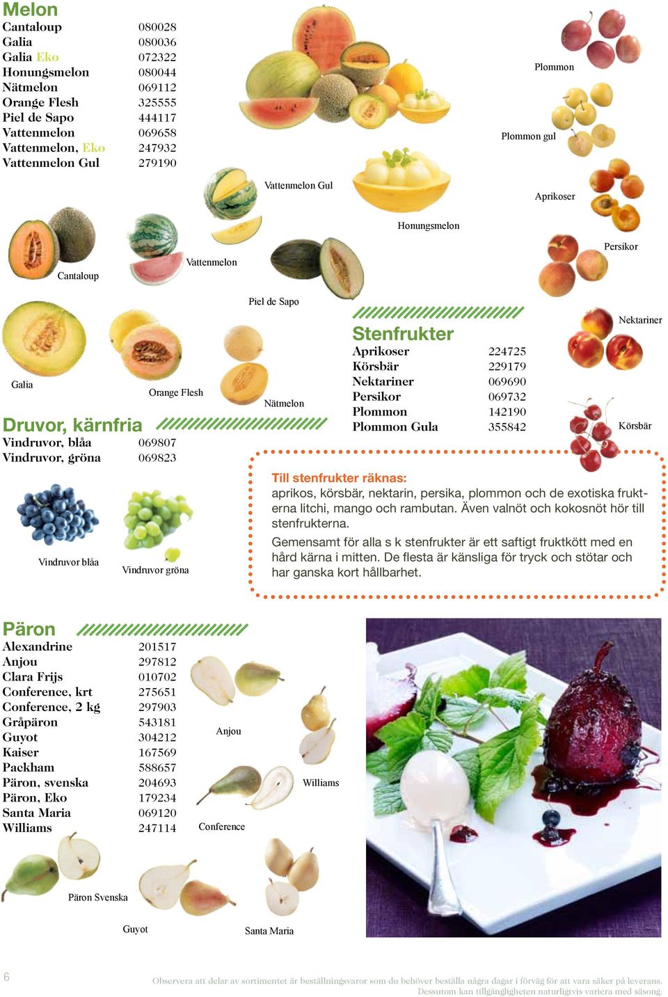 blåa Vindruvor gröna Nätmelon Stenfrukter Aprikoser 224725 Körsbär 229179 Nektariner 069690 Persikor 069732 Plommon 142190 Plommon Gula 355842 Nektariner Körsbär Till stenfrukter räknas: aprikos,