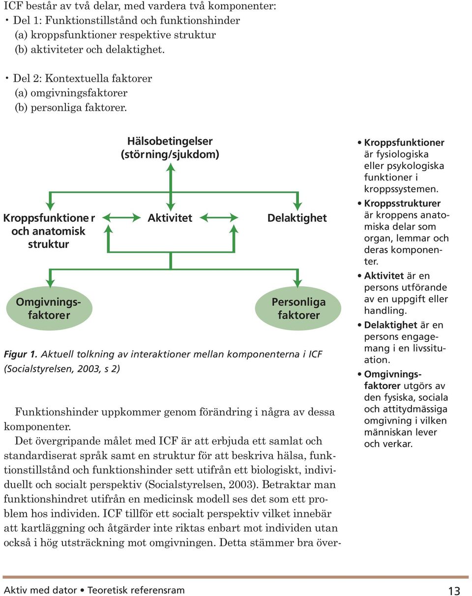 Kroppsfunktione r och anatomisk struktur Omgivningsfaktorer Hälsobetingelser (störning/sjukdom) Aktivitet Delaktighet Personliga faktorer Figur 1.