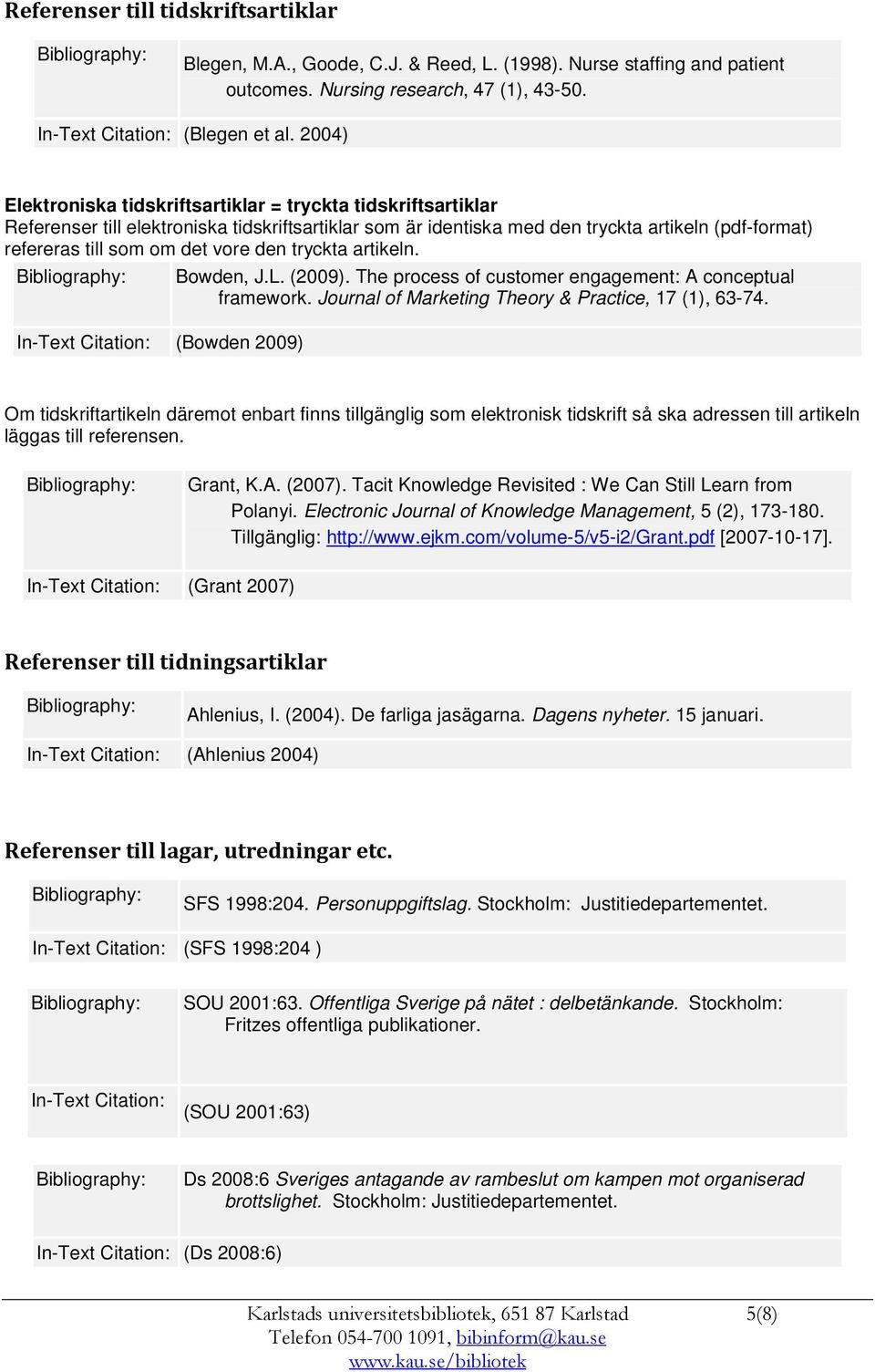 vore den tryckta artikeln. In-Text Citation: (Bowden 2009) Bowden, J.L. (2009). The process of customer engagement: A conceptual framework. Journal of Marketing Theory & Practice, 17 (1), 63-74.