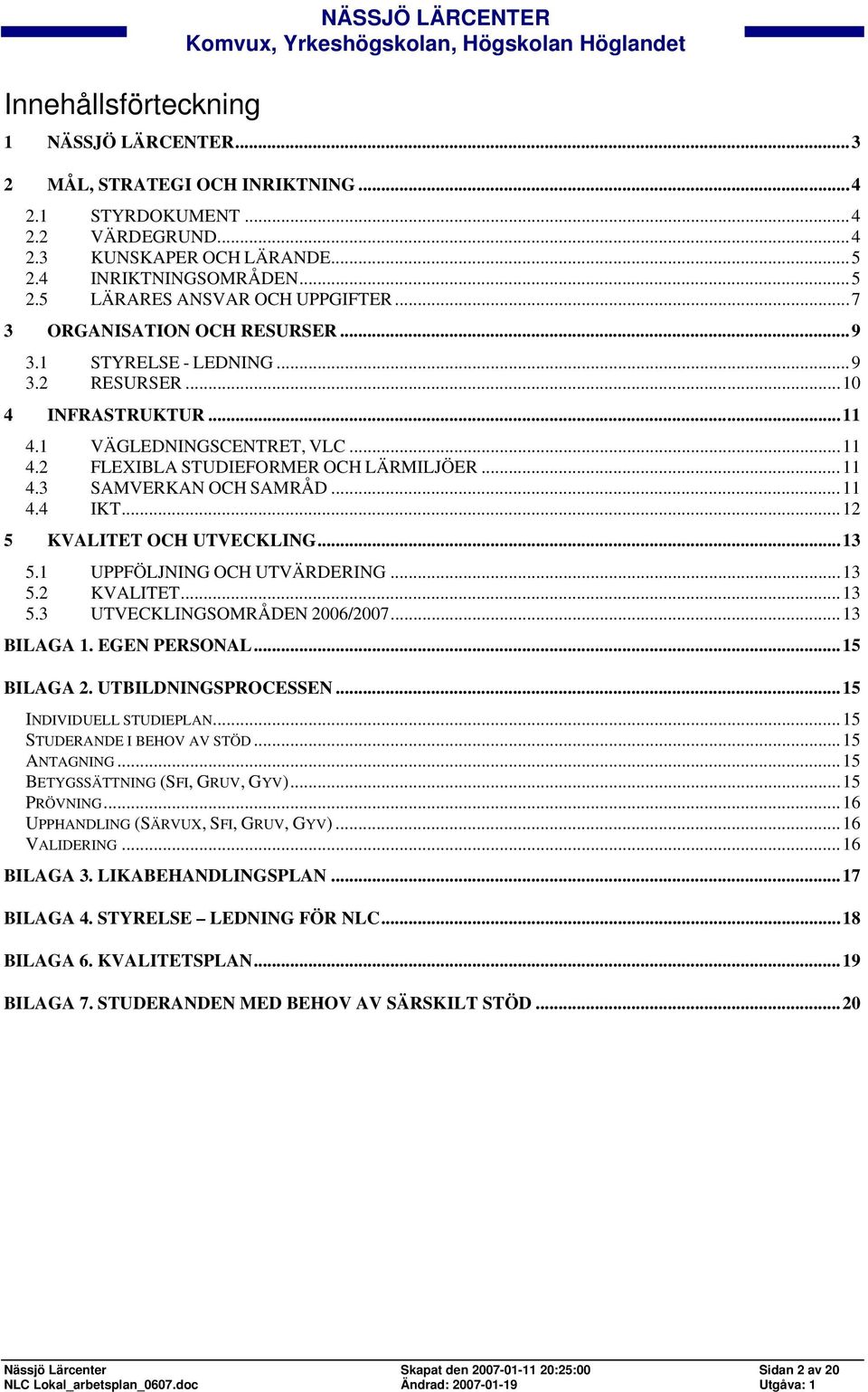 ..11 4.4 IKT...12 5 KVALITET OCH UTVECKLING...13 5.1 UPPFÖLJNING OCH UTVÄRDERING...13 5.2 KVALITET...13 5.3 UTVECKLINGSOMRÅDEN 2006/2007...13 BILAGA 1. EGEN PERSONAL...15 BILAGA 2.