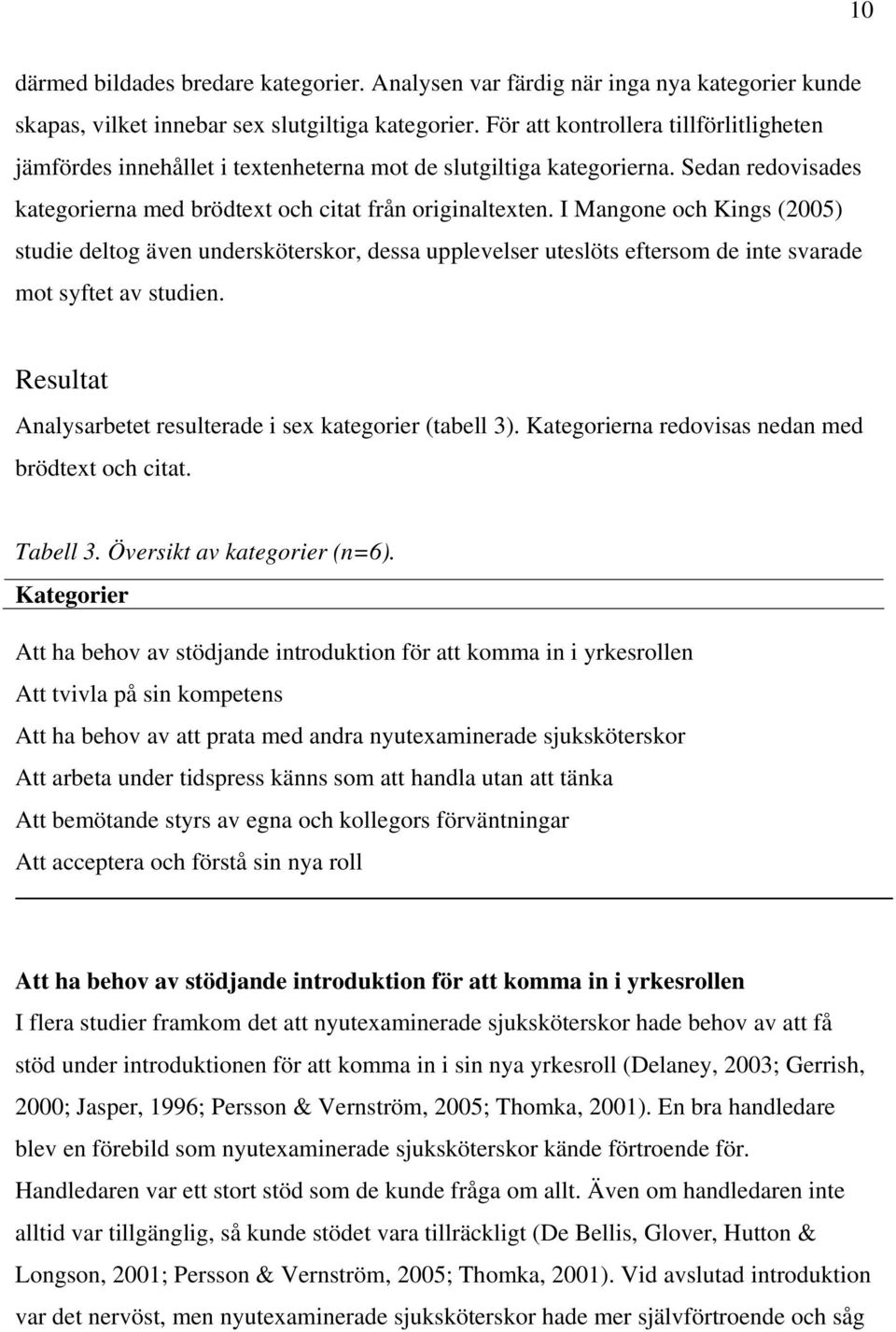 I Mangone och Kings (2005) studie deltog även undersköterskor, dessa upplevelser uteslöts eftersom de inte svarade mot syftet av studien.