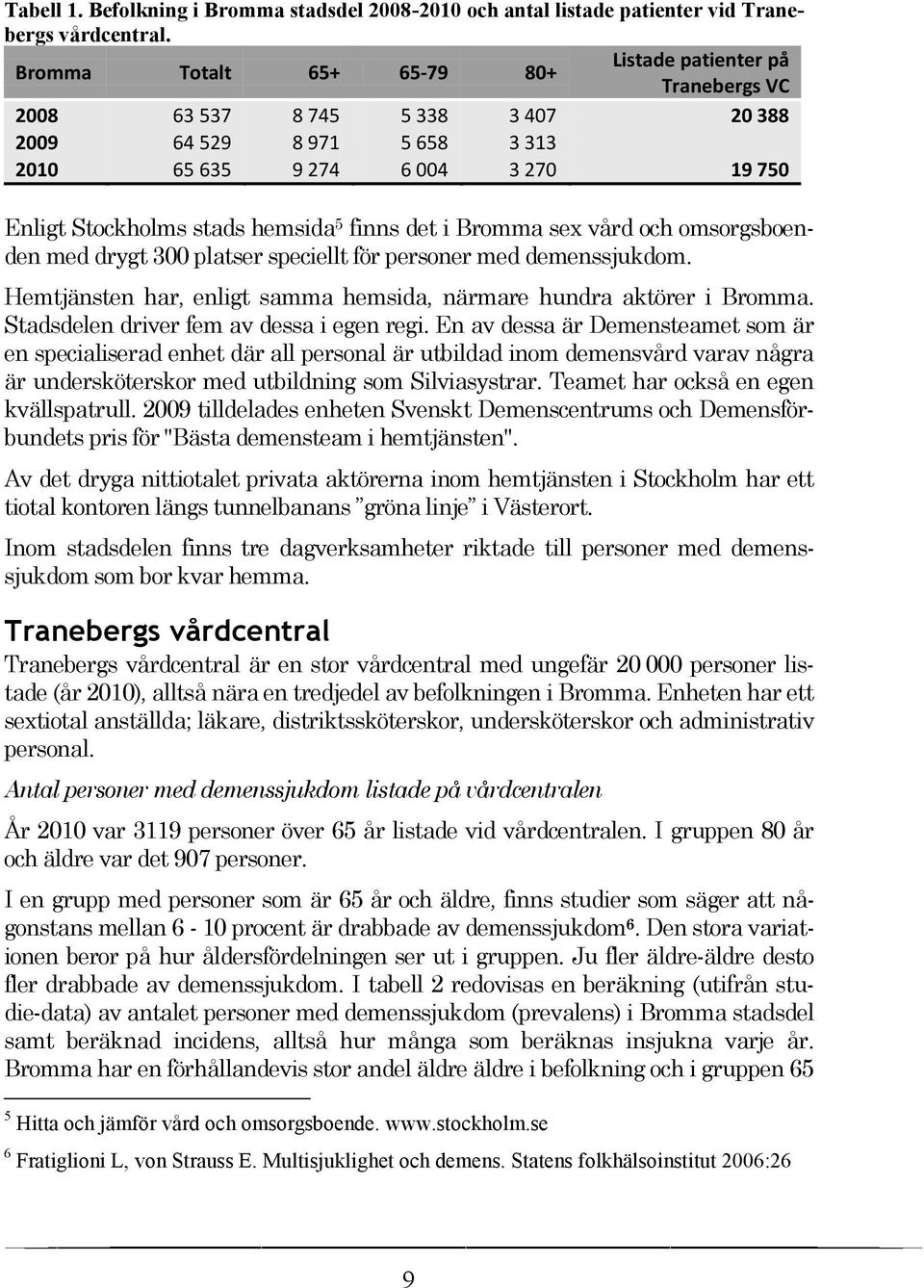 finns det i Bromma sex vård och omsorgsboenden med drygt 300 platser speciellt för personer med demenssjukdom. Hemtjänsten har, enligt samma hemsida, närmare hundra aktörer i Bromma.