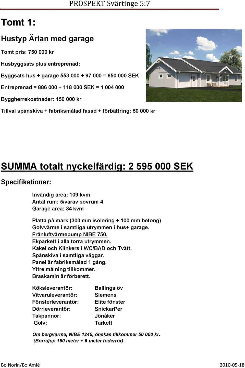 sovrum 4 Garage area: 34 kvm Platta på mark (300 mm isolering + 100 mm betong) Golvvärme i samtliga utrymmen i hus+ garage. Frånluftvärmepump NIBE 750. Ekparkett i alla torra utrymmen.