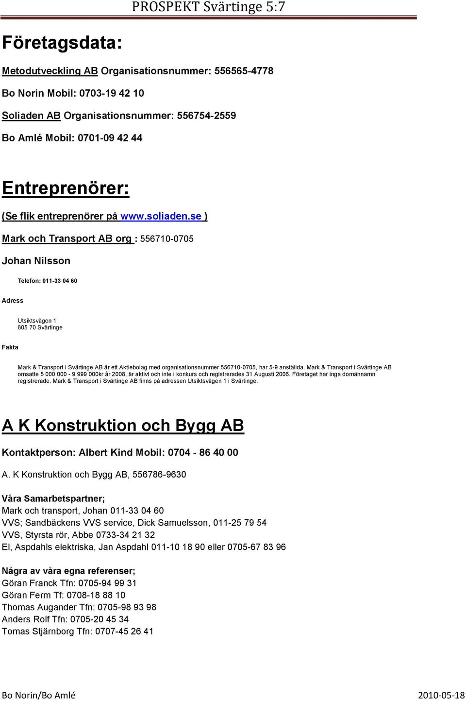 se ) Mark och Transport AB org : 556710-0705 Johan Nilsson Telefon: 011-33 04 60 Adress Utsiktsvägen 1 605 70 Svärtinge Fakta Mark & Transport i Svärtinge AB är ett Aktiebolag med organisationsnummer