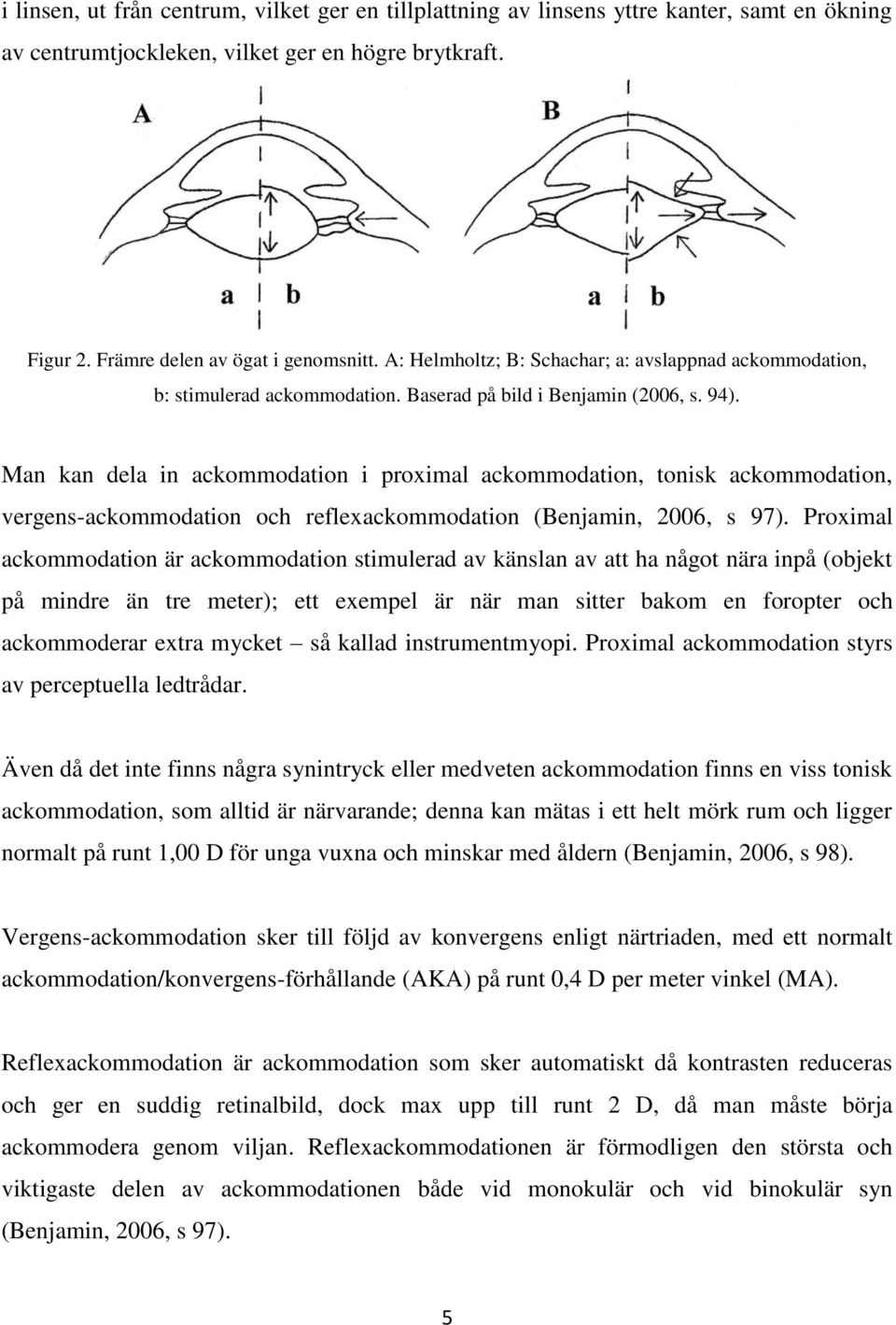 Man kan dela in ackommodation i proximal ackommodation, tonisk ackommodation, vergens-ackommodation och reflexackommodation (Benjamin, 2006, s 97).