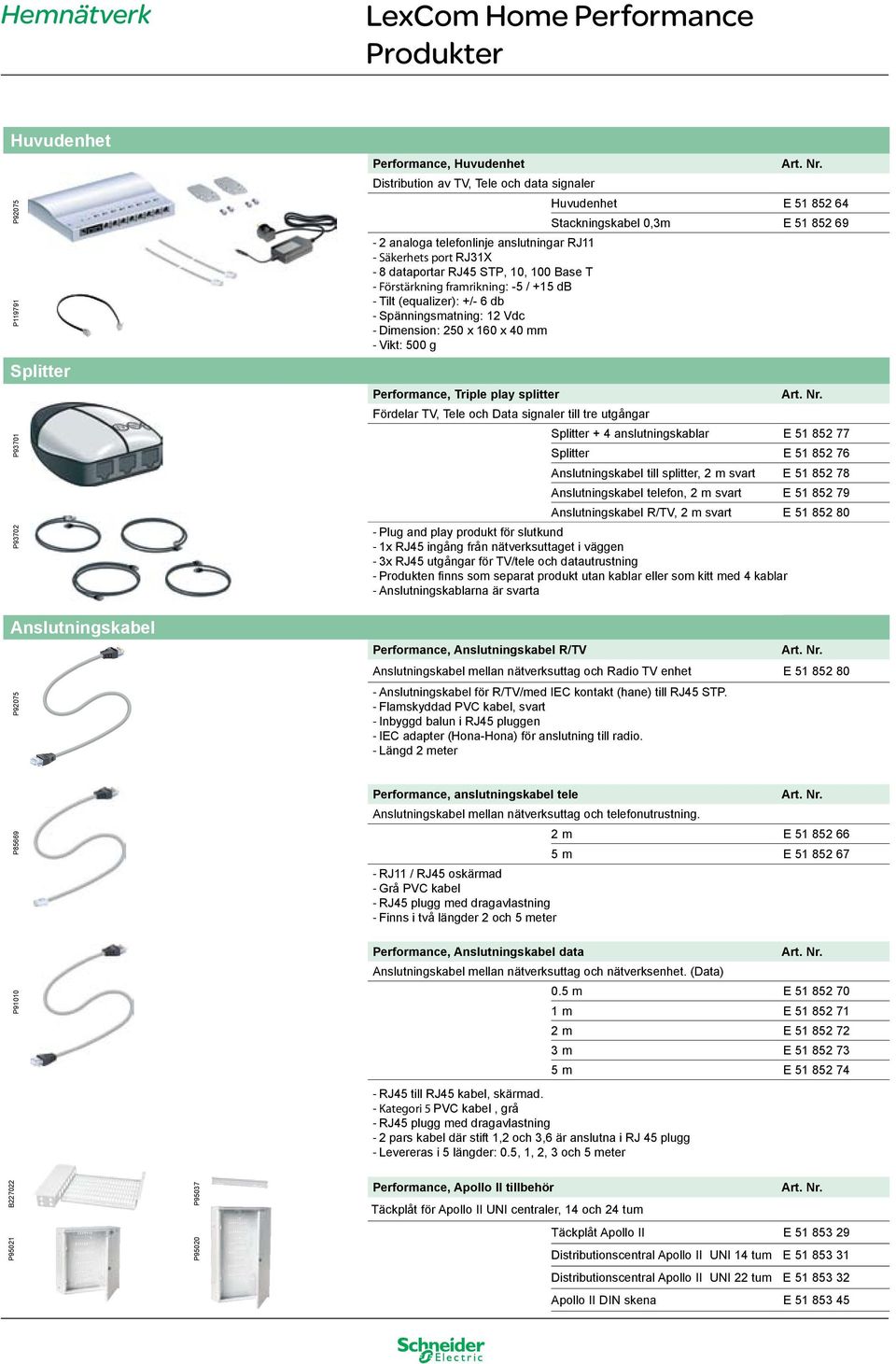 Vikt: 500 g Huvudenhet E 51 852 64 Stackningskabel 0,3m E 51 852 69 Performance, Triple play splitter Fördelar TV, Tele och Data signaler till tre utgångar Splitter + 4 anslutningskablar E 51 852 77