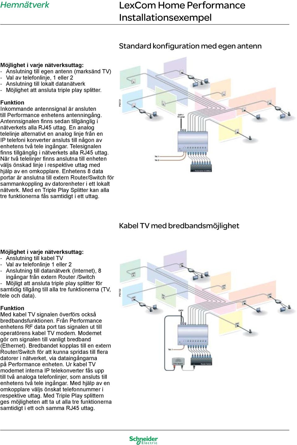 Antennsignalen finns sedan tillgänglig i nätverkets alla RJ45 uttag. En analog telelinje alternativt en analog linje från en IP telefoni konverter ansluts till någon av enhetens två tele ingångar.