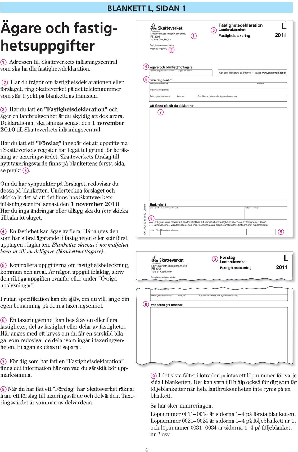 BLANKETT L, SIDAN R T Postadress Skatteverkets inläsningscentral FE 00 05 8 Stockholm Fastighetstaxeringen, telefon 00-577 60 60 Ägare och blankettmottagare Person-/organisationsnummer Taxeringsenhet
