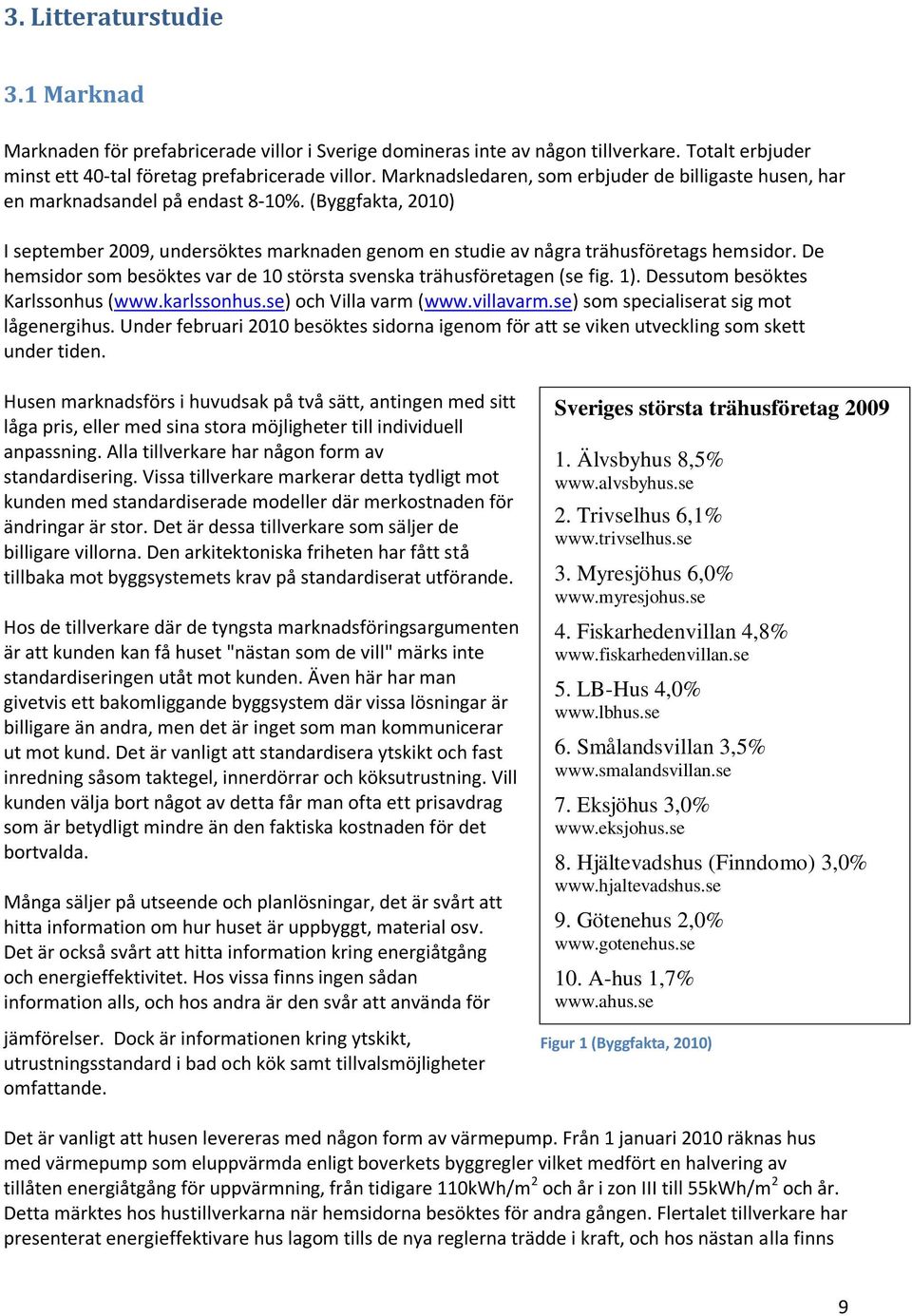 De hesidor so besöktes var de 10 största svenska trähusföretagen (se fig. 1). Dessuto besöktes Karlssonhus (www.karlssonhus.se) och Villa var (www.villavar.se) so specialiserat sig ot lågenergihus.