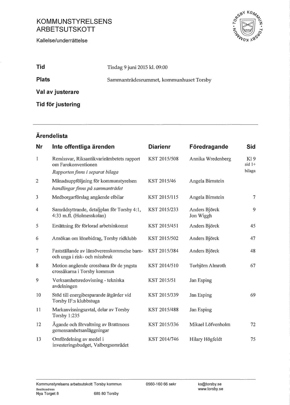 Farokonventionell KST 2015/508 Annika Wredenberg Kl 9 sid l+ Rapportenfinns i separat bilaga bilaga 2 Månadsuppföljning för kommunstyrelsen KST 2015/46 Angela Birnstein handlingarfinns på