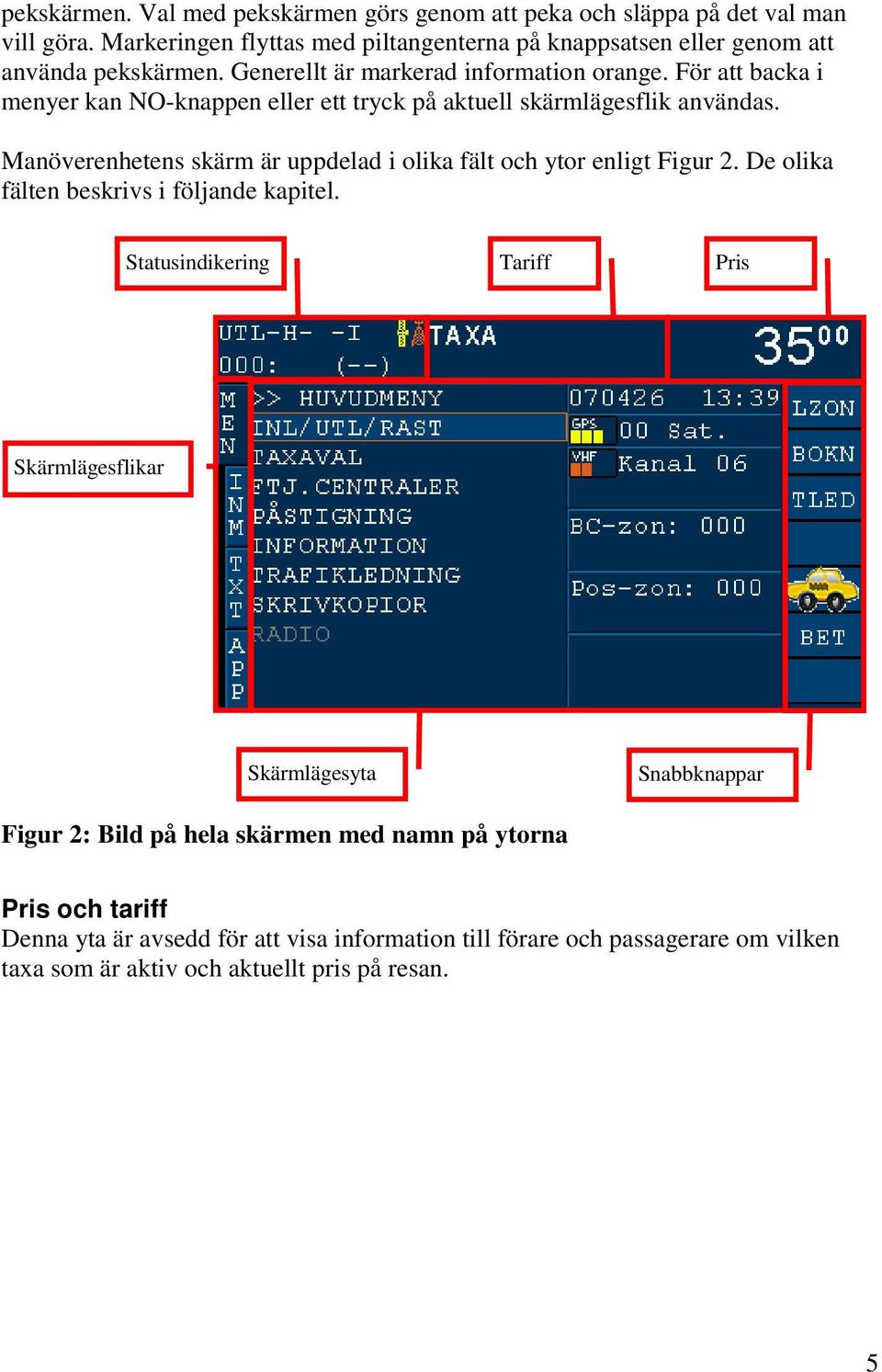 För att backa i menyer kan NO-knappen eller ett tryck på aktuell skärmlägesflik användas. Manöverenhetens skärm är uppdelad i olika fält och ytor enligt Figur 2.