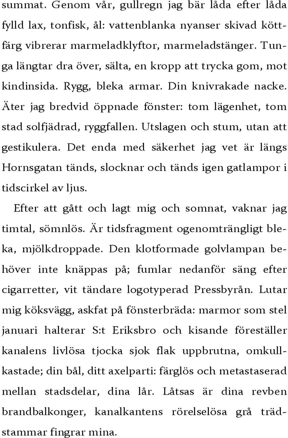 Utslagen och stum, utan att gestikulera. Det enda med säkerhet jag vet är längs Hornsgatan tänds, slocknar och tänds igen gatlampor i tidscirkel av ljus.