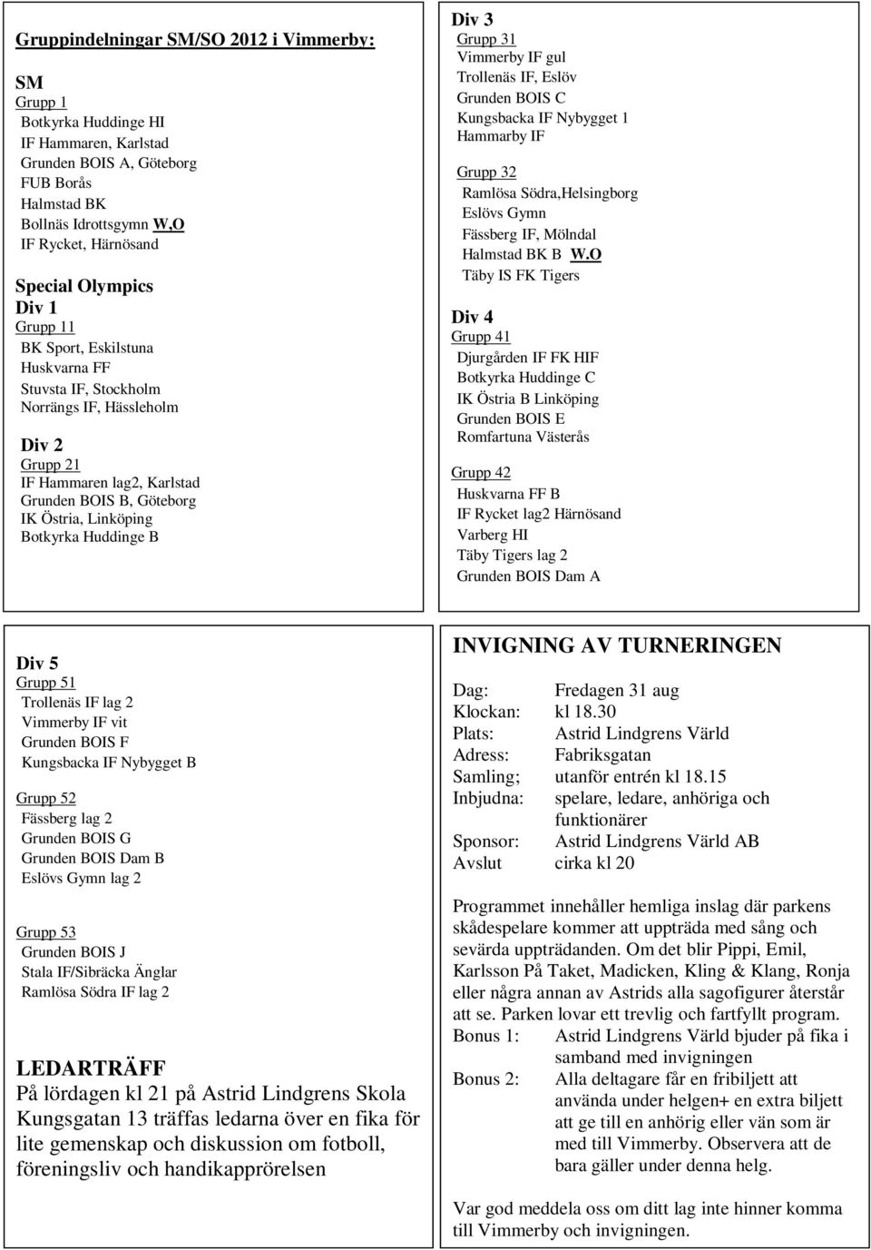 Botkyrka Huddinge B Div 3 Grupp 31 Vimmerby IF gul Trollenäs IF, Eslöv Grunden BOIS C Kungsbacka IF Nybygget 1 Hammarby IF Grupp 32 Ramlösa Södra,Helsingborg Eslövs Gymn Fässberg IF, Mölndal Halmstad