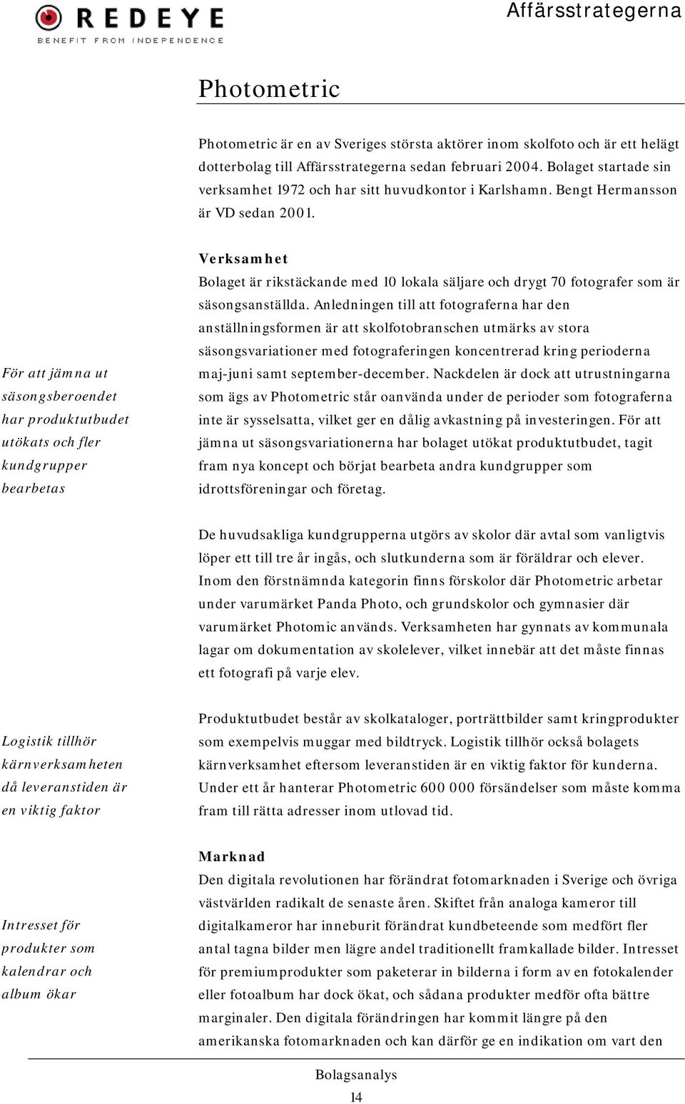 För att jämna ut säsongsberoendet har produktutbudet utökats och fler kundgrupper bearbetas Verksamhet Bolaget är rikstäckande med 10 lokala säljare och drygt 70 fotografer som är säsongsanställda.