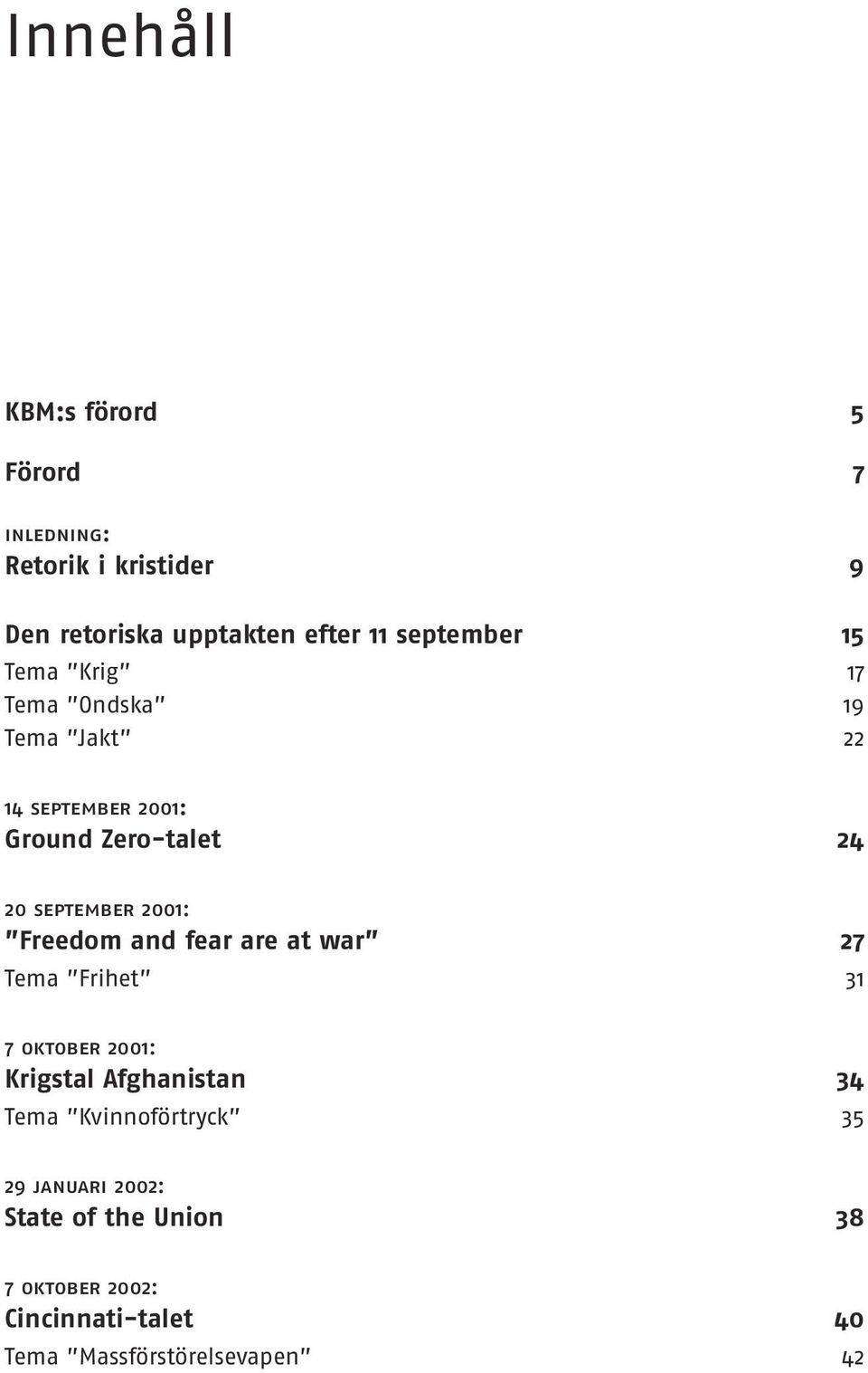 september 2001: Freedom and fear are at war 27 Tema Frihet 31 7 oktober 2001: Krigstal Afghanistan 34