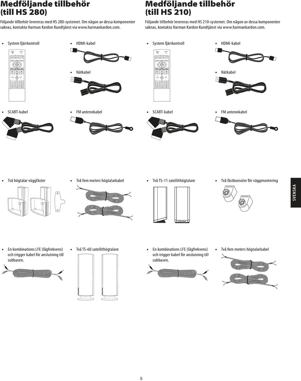 System fjärrkontroll HDMI-kabel System fjärrkontroll HDMI-kabel Nätkabel Nätkabel SCART-kabel FM antennkabel SCART-kabel FM antennkabel Två högtalar väggfäster Två fem meters högtalarkabel Två TS-11