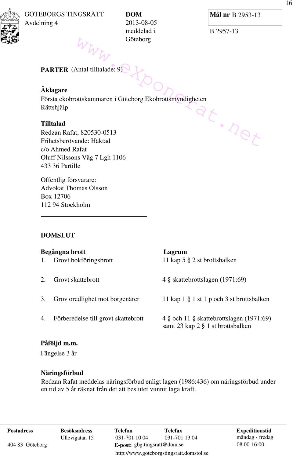 Nilssons Väg 7 Lgh 1106 433 36 Partille Offentlig försvarare: Advokat Thomas Olsson Box 12706 112 94 Stockholm DOMSLUT Begångna brott 1. Grovt bokföringsbrott Lagrum 11 kap 5 2 st brottsbalken 2.