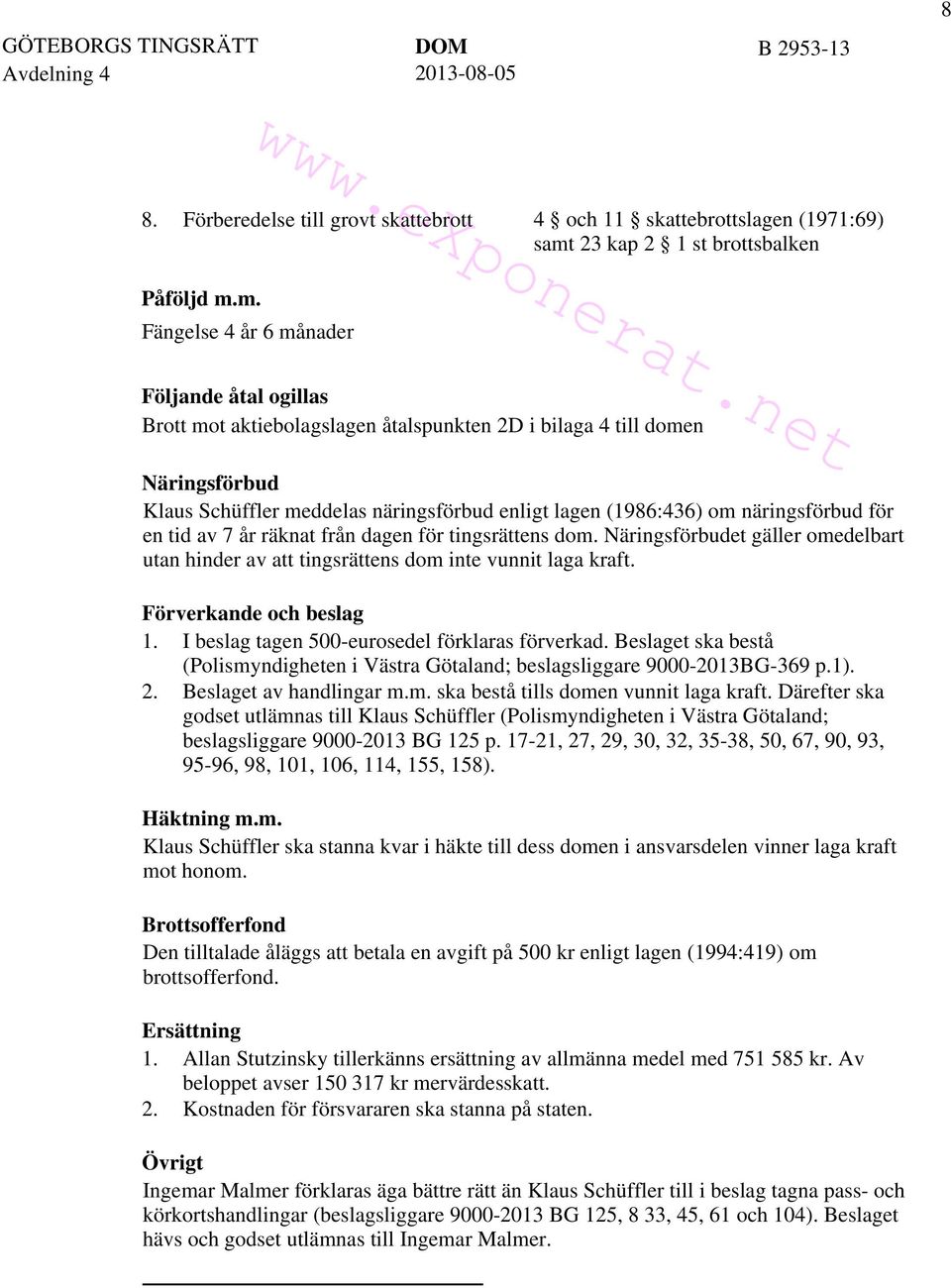 m. Fängelse 4 år 6 månader Följande åtal ogillas Brott mot aktiebolagslagen åtalspunkten 2D i bilaga 4 till domen Näringsförbud Klaus Schüffler meddelas näringsförbud enligt lagen (1986:436) om