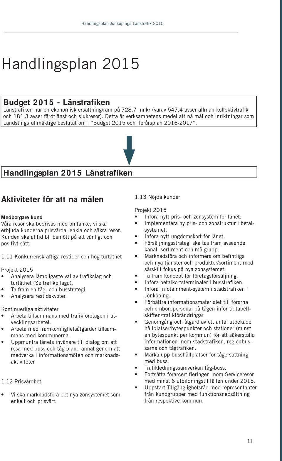 Handlingsplan 2015 Länstrafiken Aktiviteter för att nå målen Medborgare kund Våra resor ska bedrivas med omtanke, vi ska erbjuda kunderna prisvärda, enkla och säkra resor.