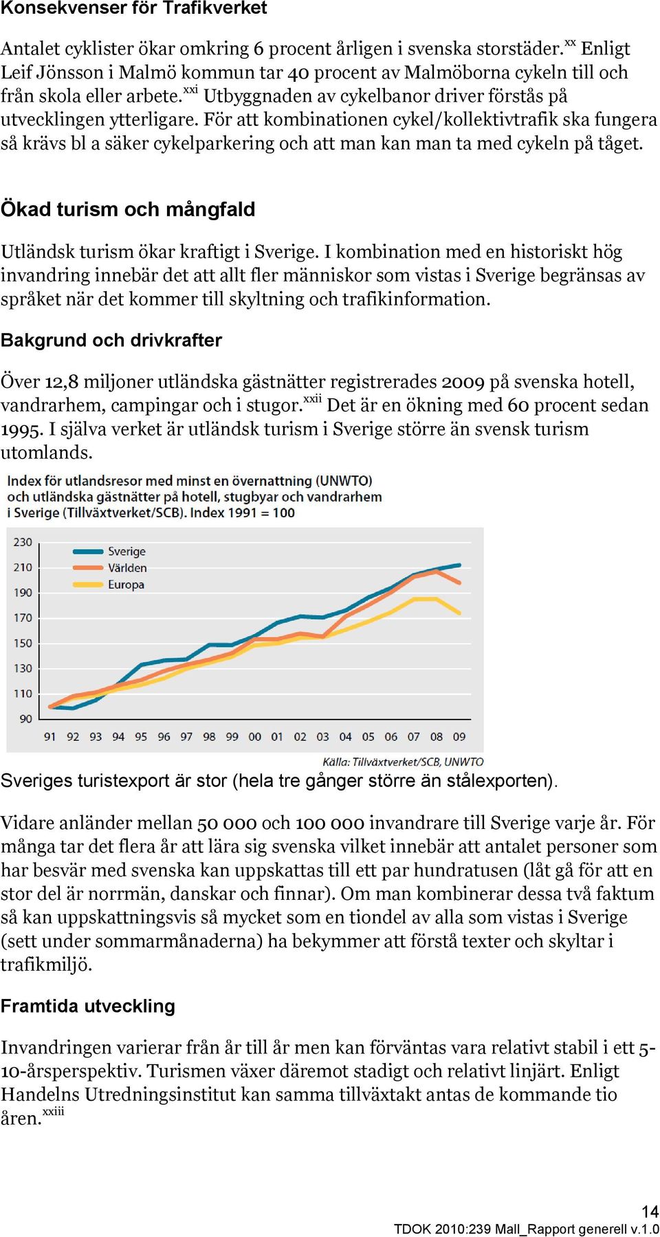 För att kombinationen cykel/kollektivtrafik ska fungera så krävs bl a säker cykelparkering och att man kan man ta med cykeln på tåget. Ökad turism och mångfald Utländsk turism ökar kraftigt i Sverige.