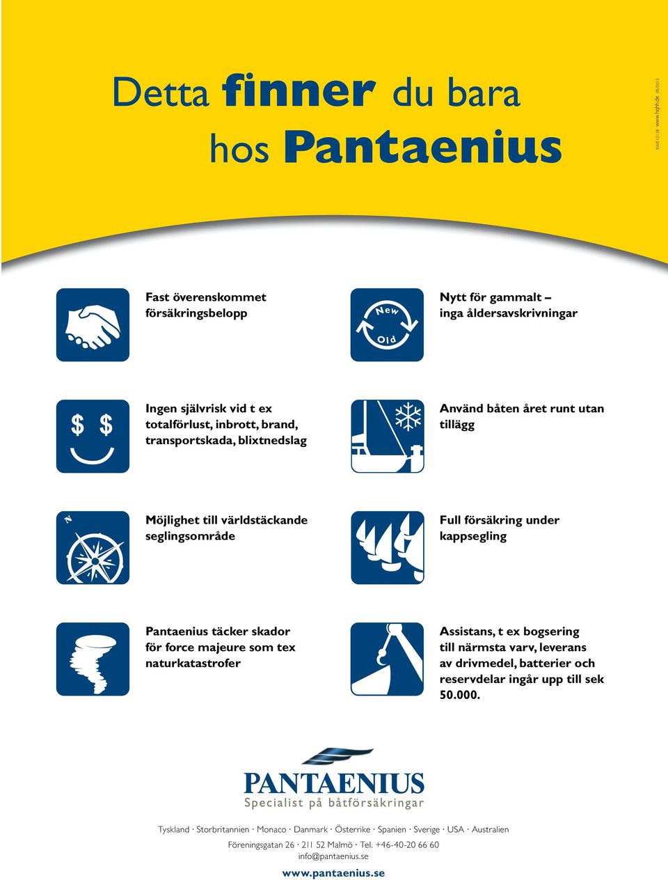 båten året runt utan tillägg Möjlighet till världstäckande seglingsområde Full försäkring under kappsegling Pantaenius täcker skador för force majeure som tex naturkatastrofer