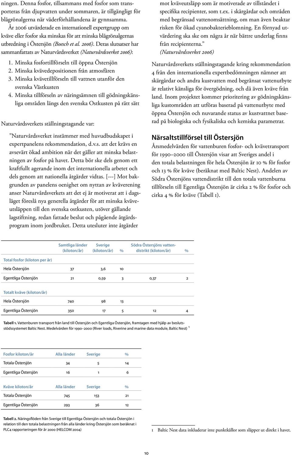 Deras slutsatser har sammanfattats av Naturvårdsverket (Naturvårdsverket 2006): 1. Minska fosfortillförseln till öppna Östersjön 2. Minska kvävedepositionen från atmosfären 3.