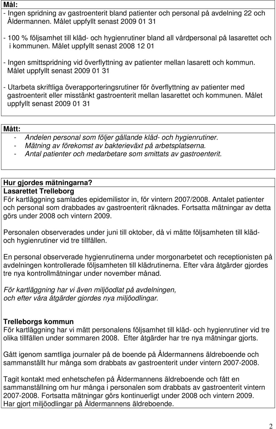 Målet uppfyllt senast 2008 12 01 - Ingen smittspridning vid överflyttning av patienter mellan lasarett och kommun.