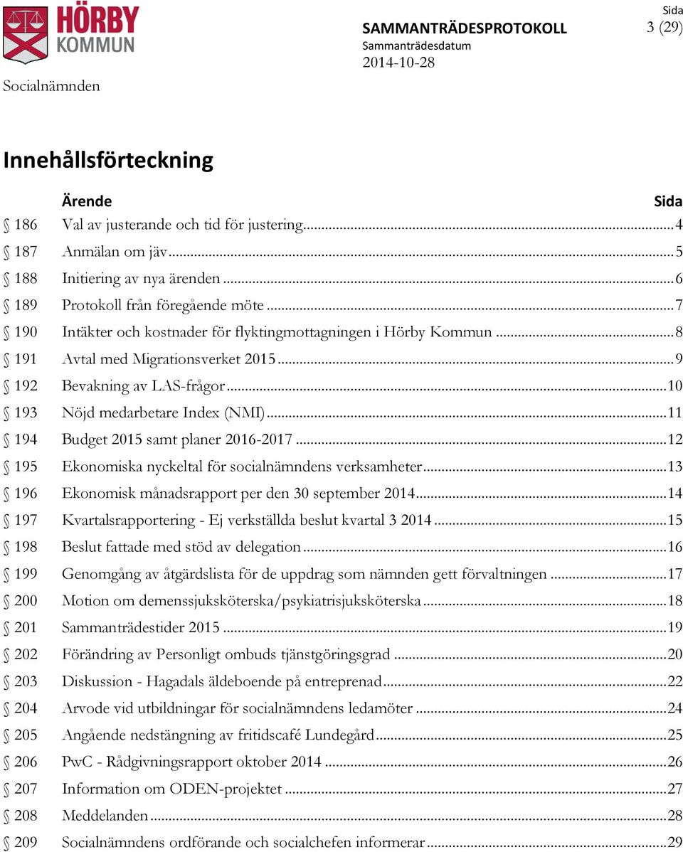 .. 11 194 Budget 2015 samt planer 2016-2017... 12 195 Ekonomiska nyckeltal för socialnämndens verksamheter... 13 196 Ekonomisk månadsrapport per den 30 september 2014.