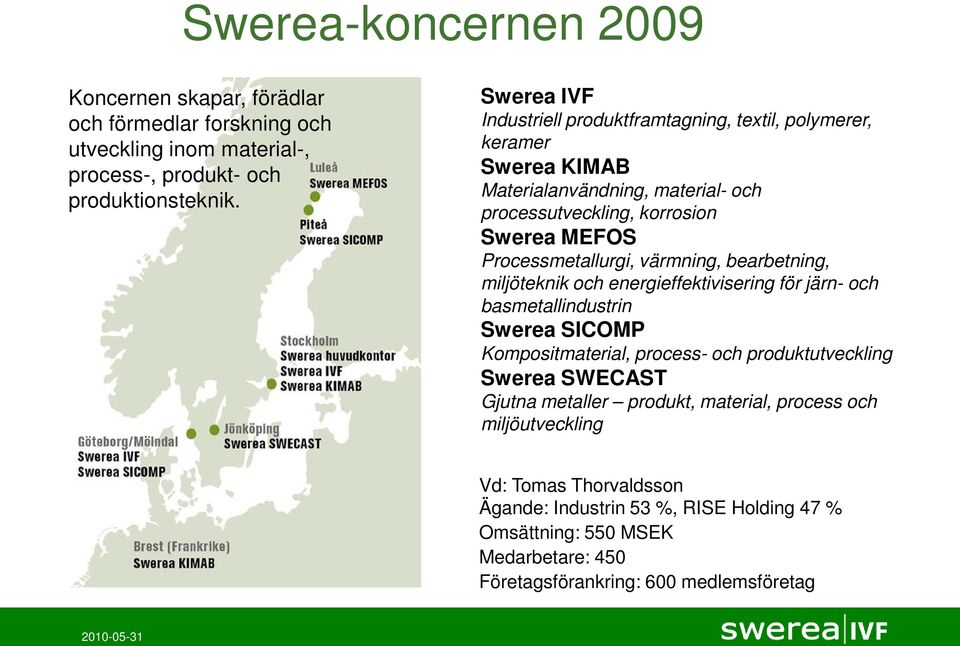 värmning, bearbetning, miljöteknik och energieffektivisering för järn- och basmetallindustrin Swerea SICOMP Kompositmaterial, process- och produktutveckling Swerea SWECAST